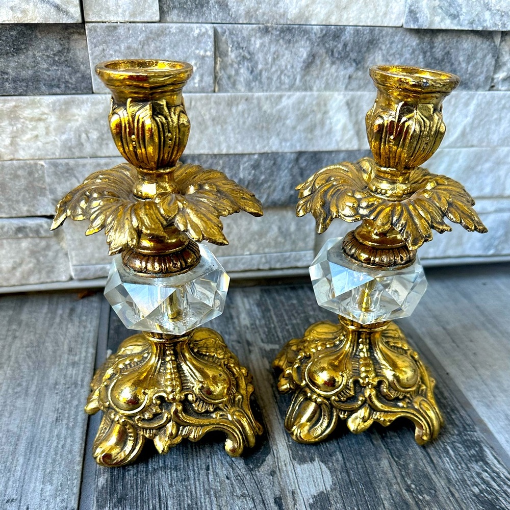 Vintage Pair BRASS  Candle Holders Hollywood Regency Gold Glam